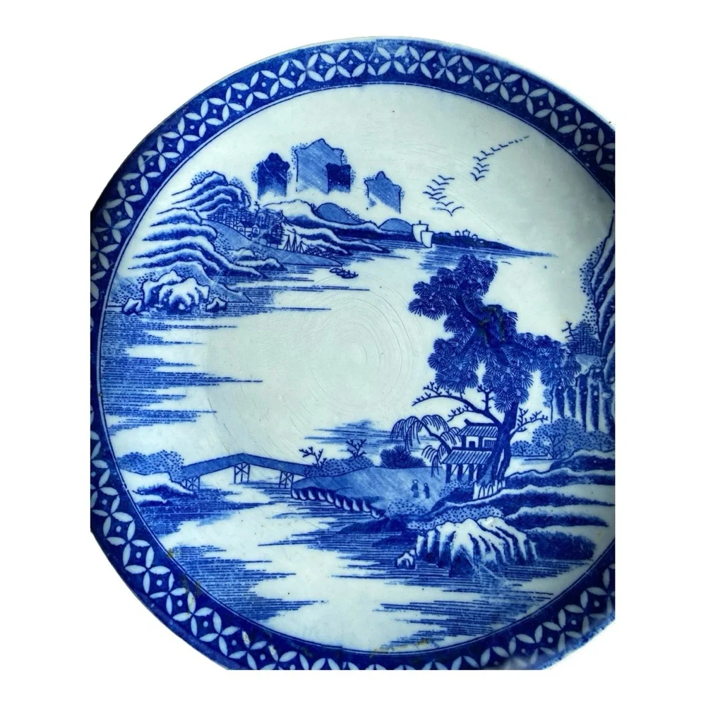 Vintage Japanese Blue & White Porcelain Serving Platter 12.25” Landscape Plate
